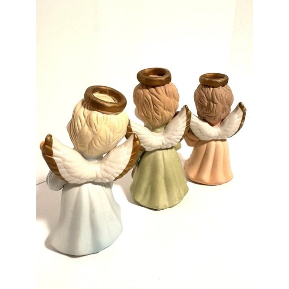 3 Vintage Bisque Porcelain Musical Angels Playing String Instruments Rosy Cheeks - Picture 2 of 7